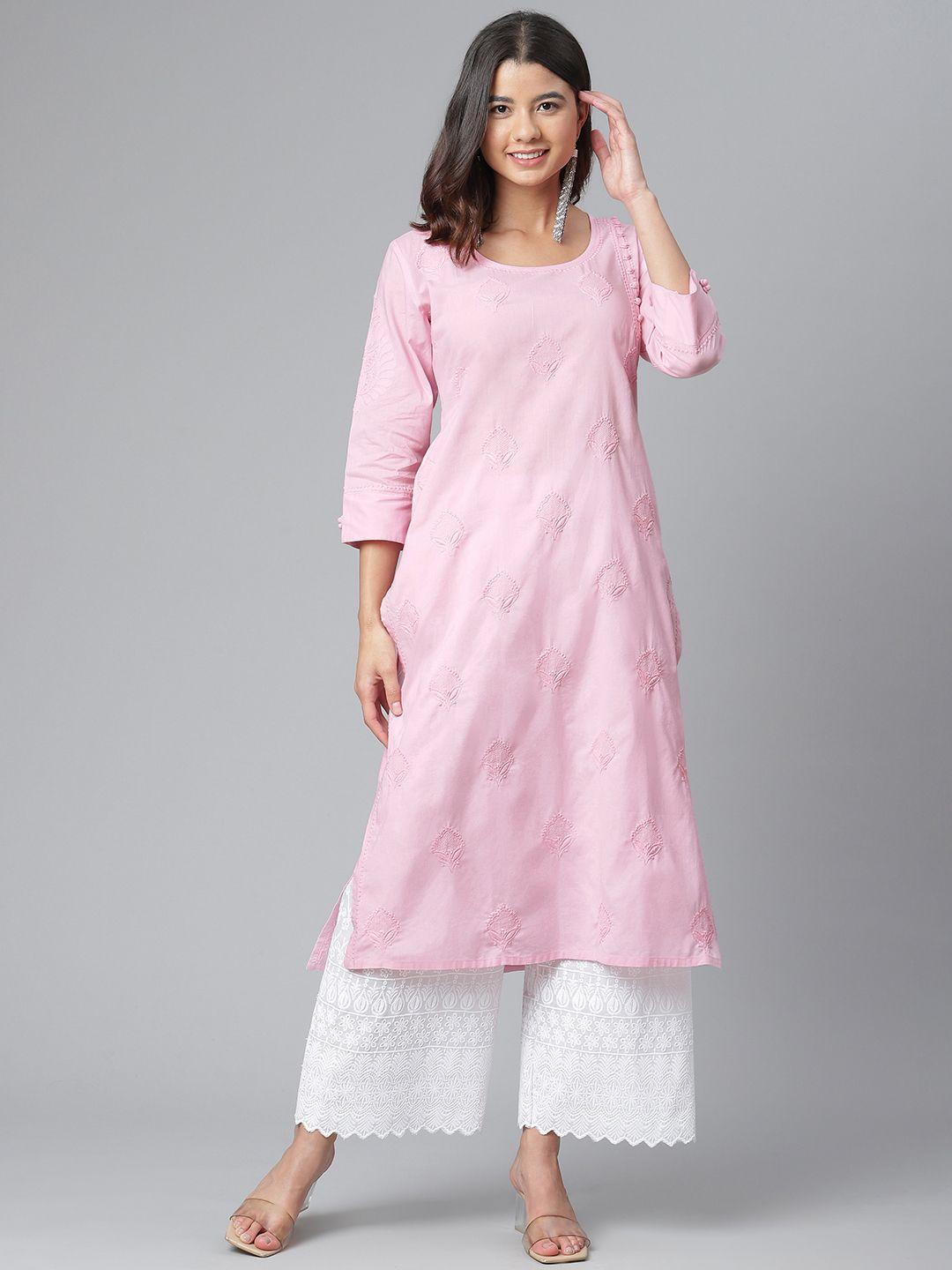 akheri women pink cotton chikankari embroidered straight kurta
