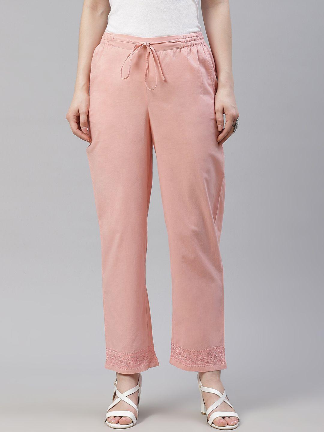 akheri women pink solid cotton regular fit trousers with embroidered detail
