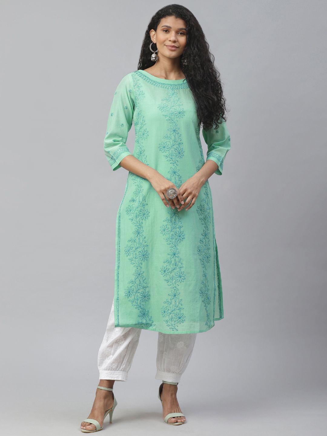 akheri women sea green & blue chikankari embroidered straight kurta