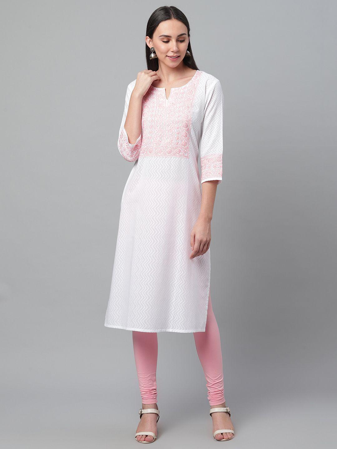 akheri women white & pink zig-zag dobby straight kurta