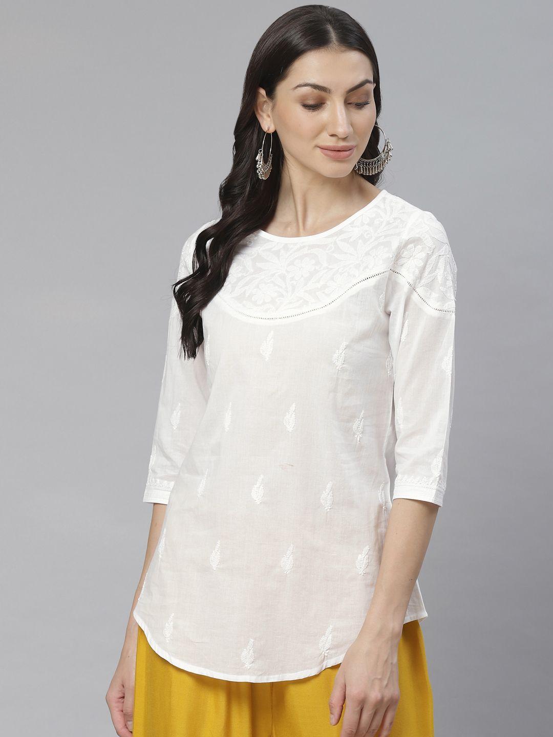 akheri women white embroidered pure cotton top