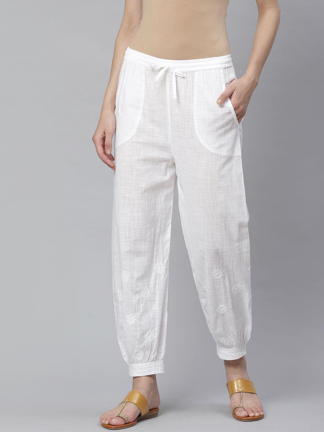 akheri women white embroidered regular fit peg trousers
