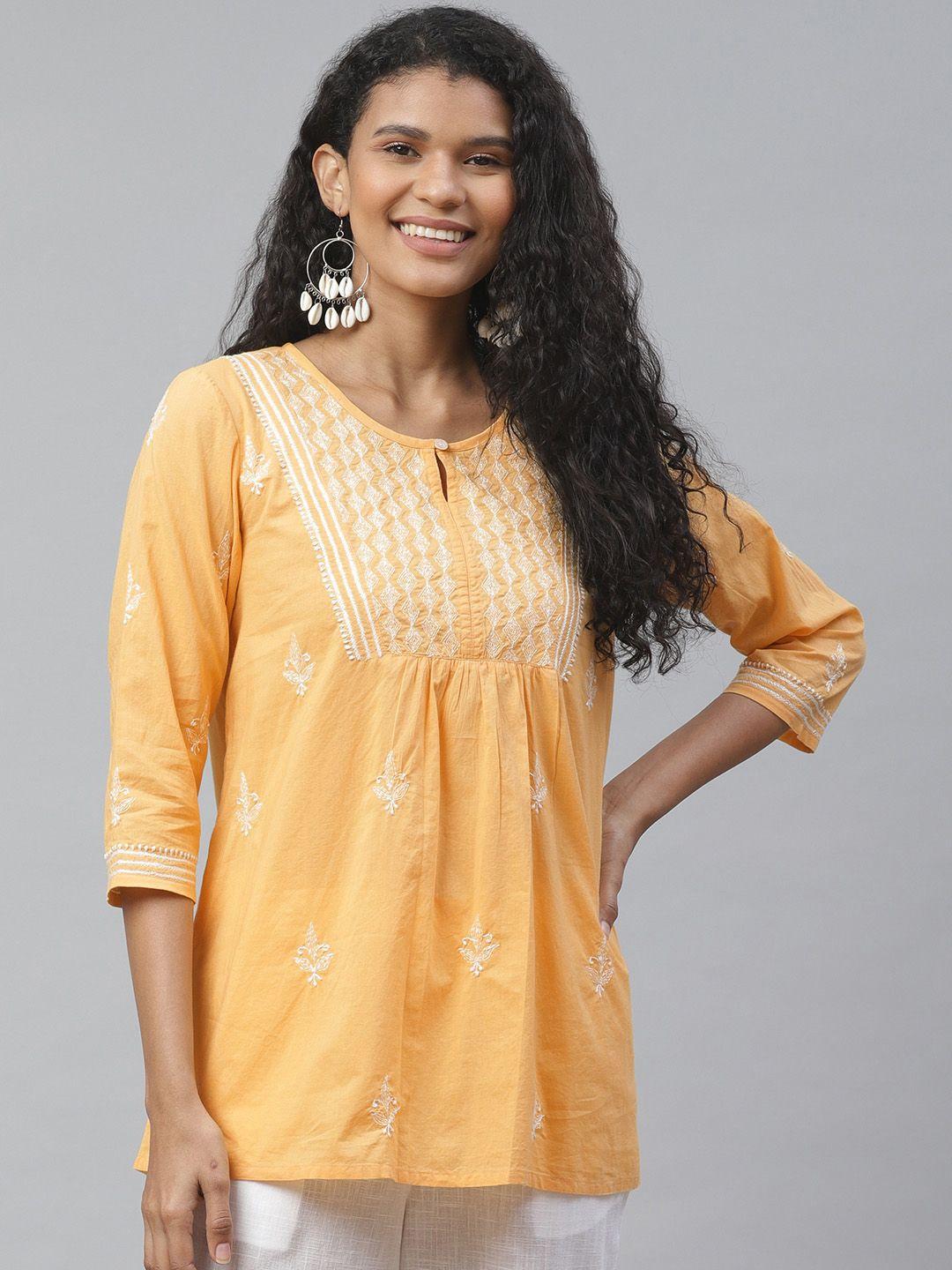 akheri women yellow & off-white tepchi chikankari embroidered pure cotton top