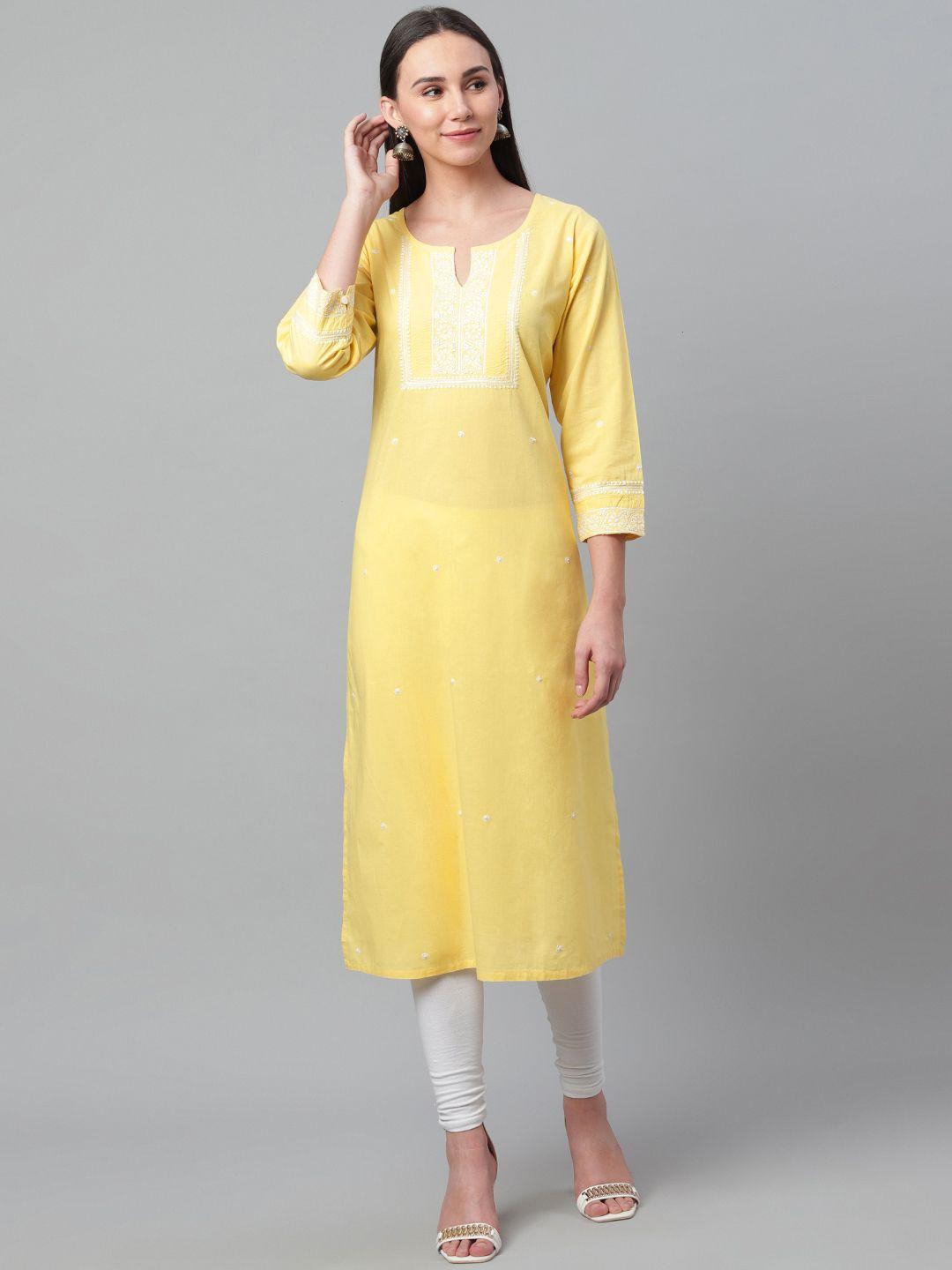 akheri women yellow & white chikankari embroidered straight kurta