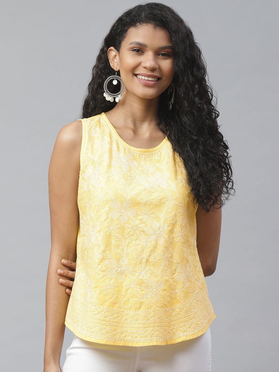akheri women yellow embroidered high-low pure cotton top