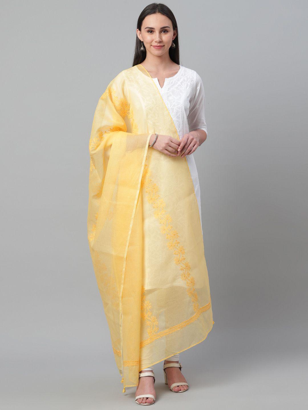 akheri yellow chikankari embroidered cotton dupatta