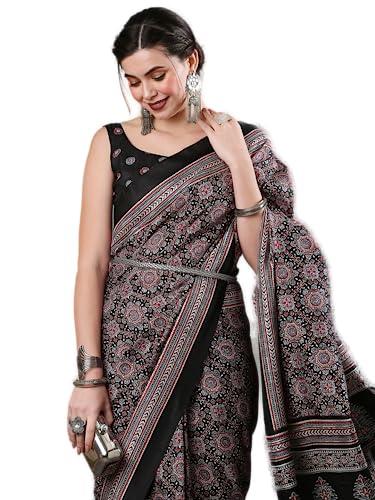 akhilam women's ajrak block print dola silk saree with unstitched blouse piece (black_kumrn204)