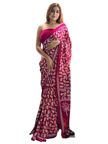 akhilam women's botanical printed pure cotton ready to wear one minute saree with unstitched blouse piece (pink_rtwminaxi1505_smc)