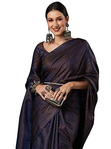 akhilam women's woven design zari work banarasi silk saree with unstitched blouse piece (navy blue_sohna2003)