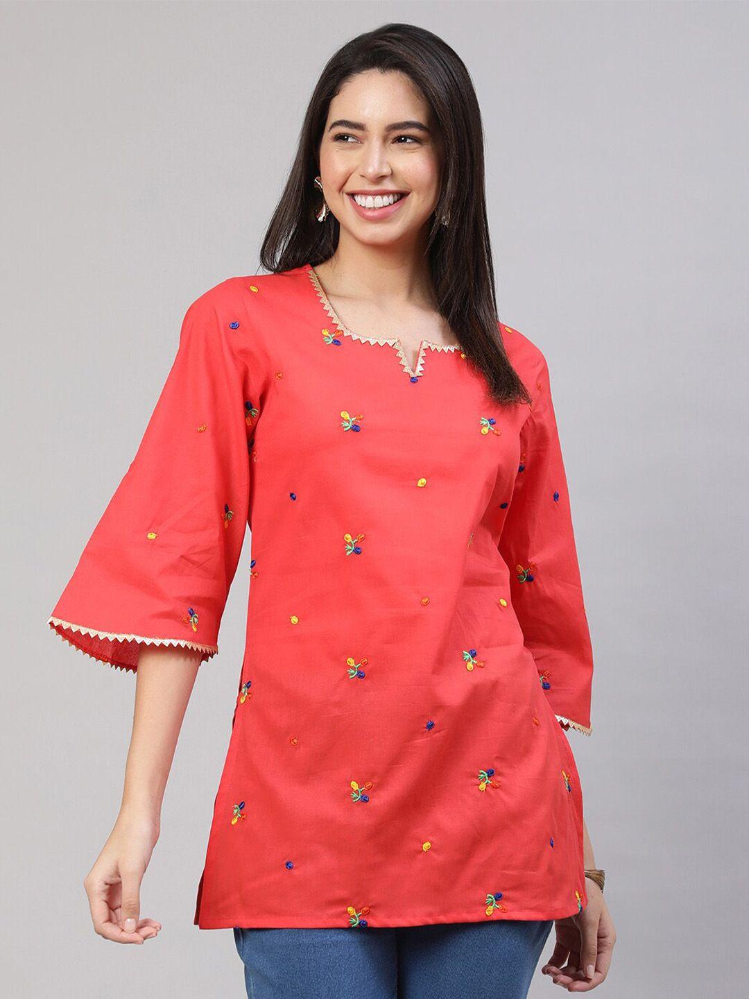 akimia coral ethnic motifs embroidered flared sleeves gotta patti pure cotton handloom gotta patti kurti