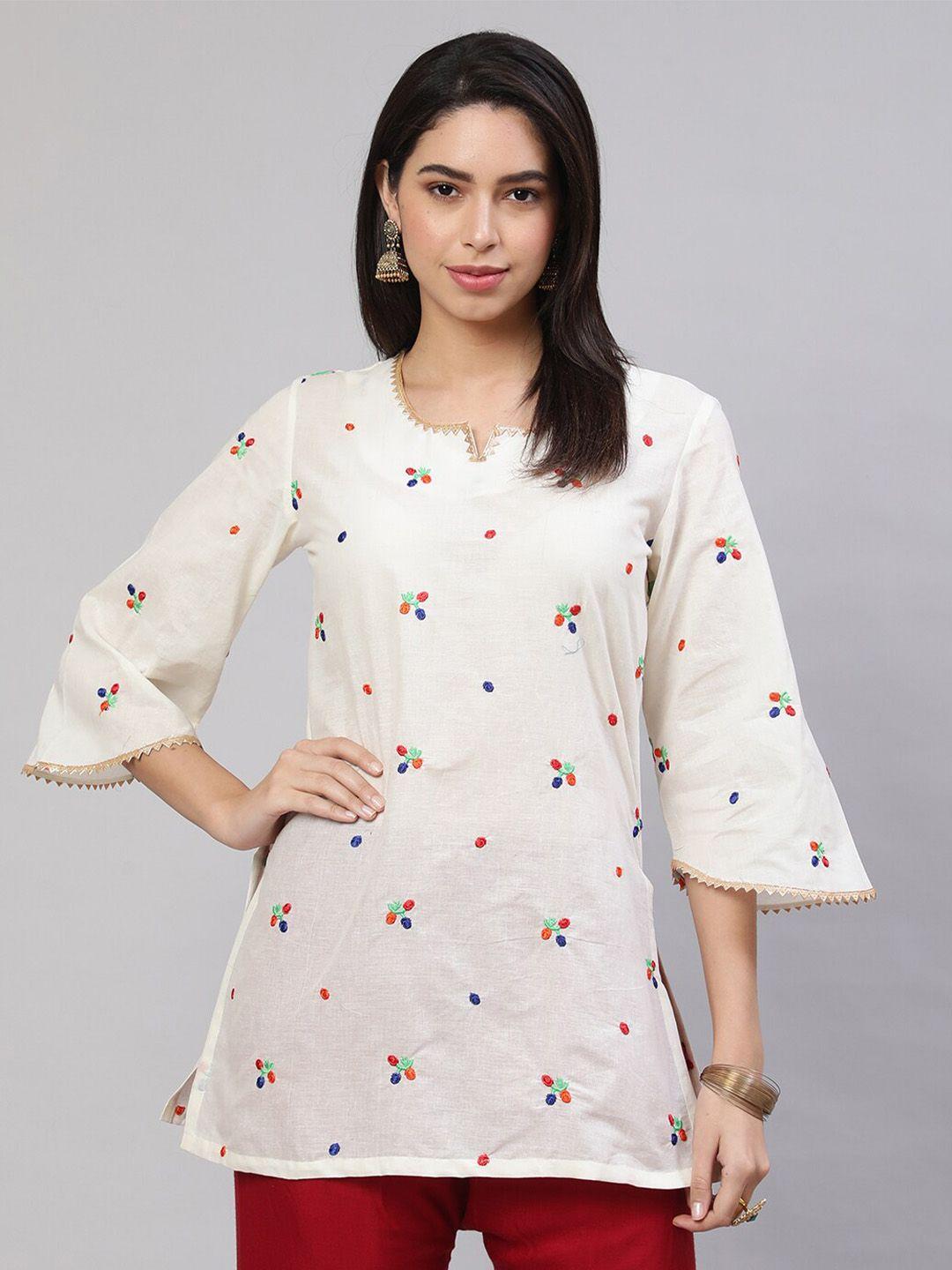akimia cream-coloured ethnic motifs embroidered flared sleeves gotta patti pure cotton handloom gotta patti kurti