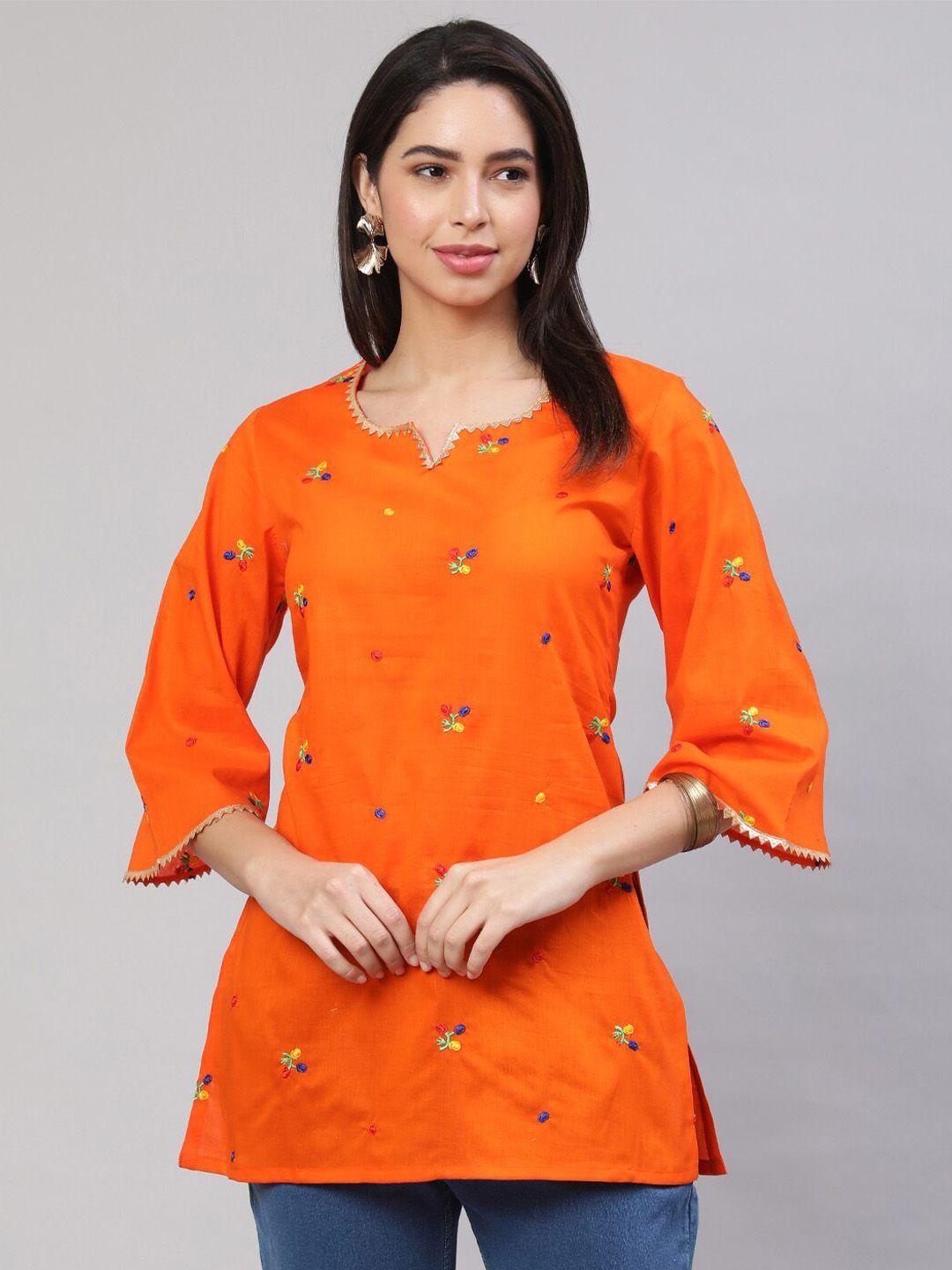 akimia orange ethnic motifs embroidered flared sleeves gotta patti pure cotton handloom gotta patti kurti