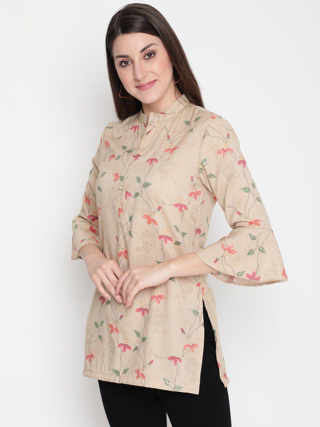 akimia beige & pink floral printed pure cotton kurti