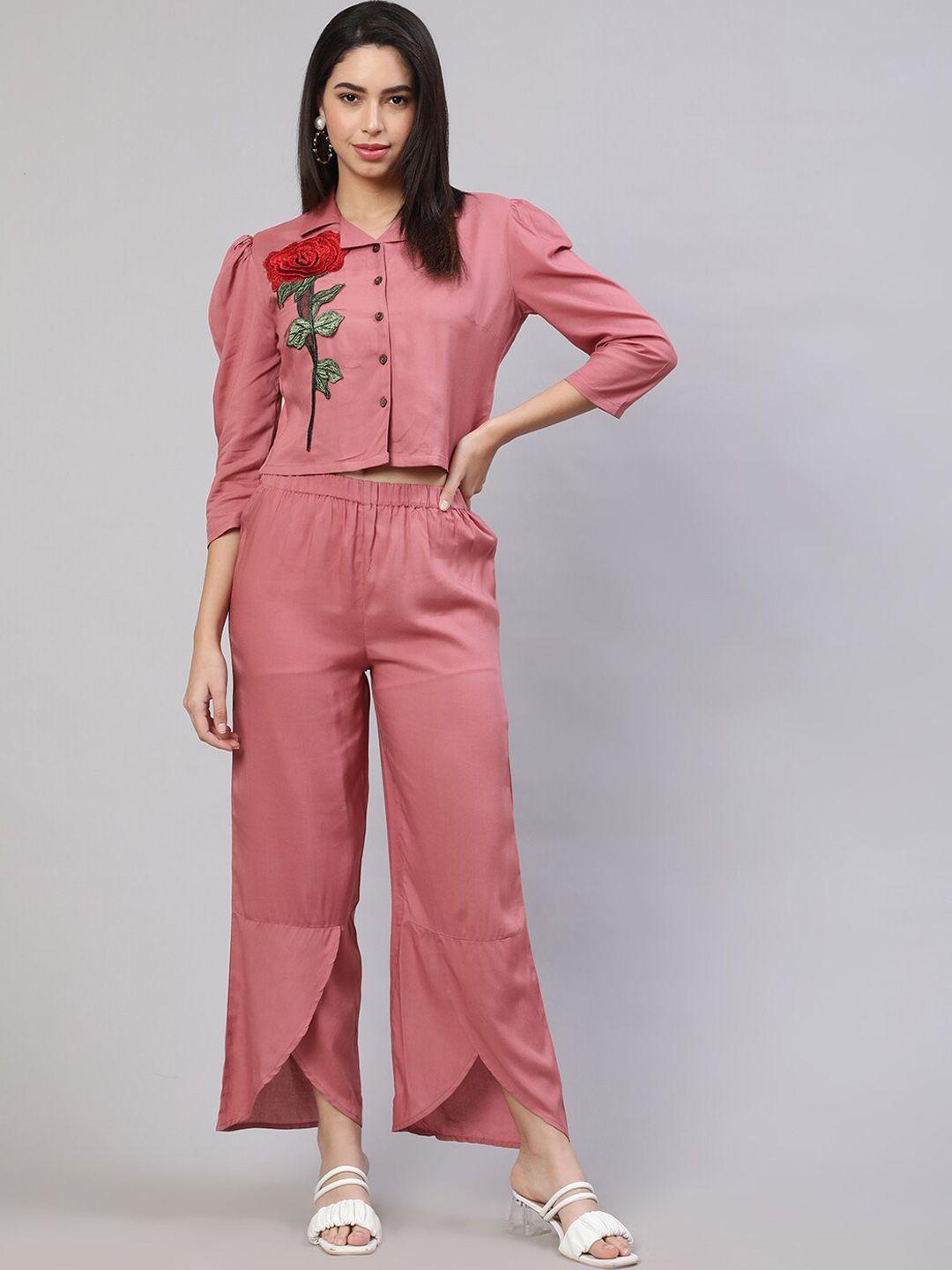 akimia floral embroidered applique detailed shirt with trouser