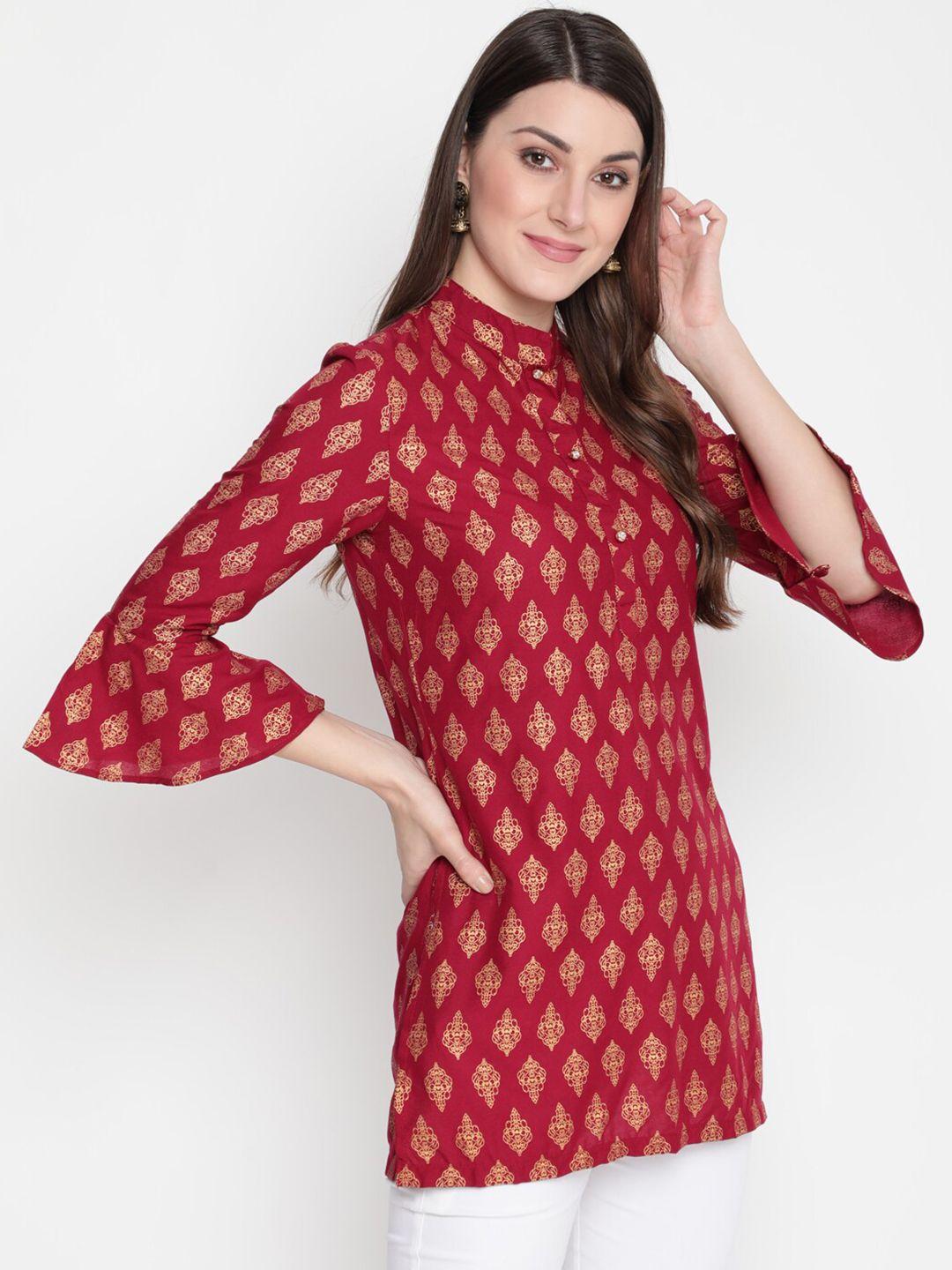 akimia maroon & gold-toned ethnic motifs printed pure cotton kurti