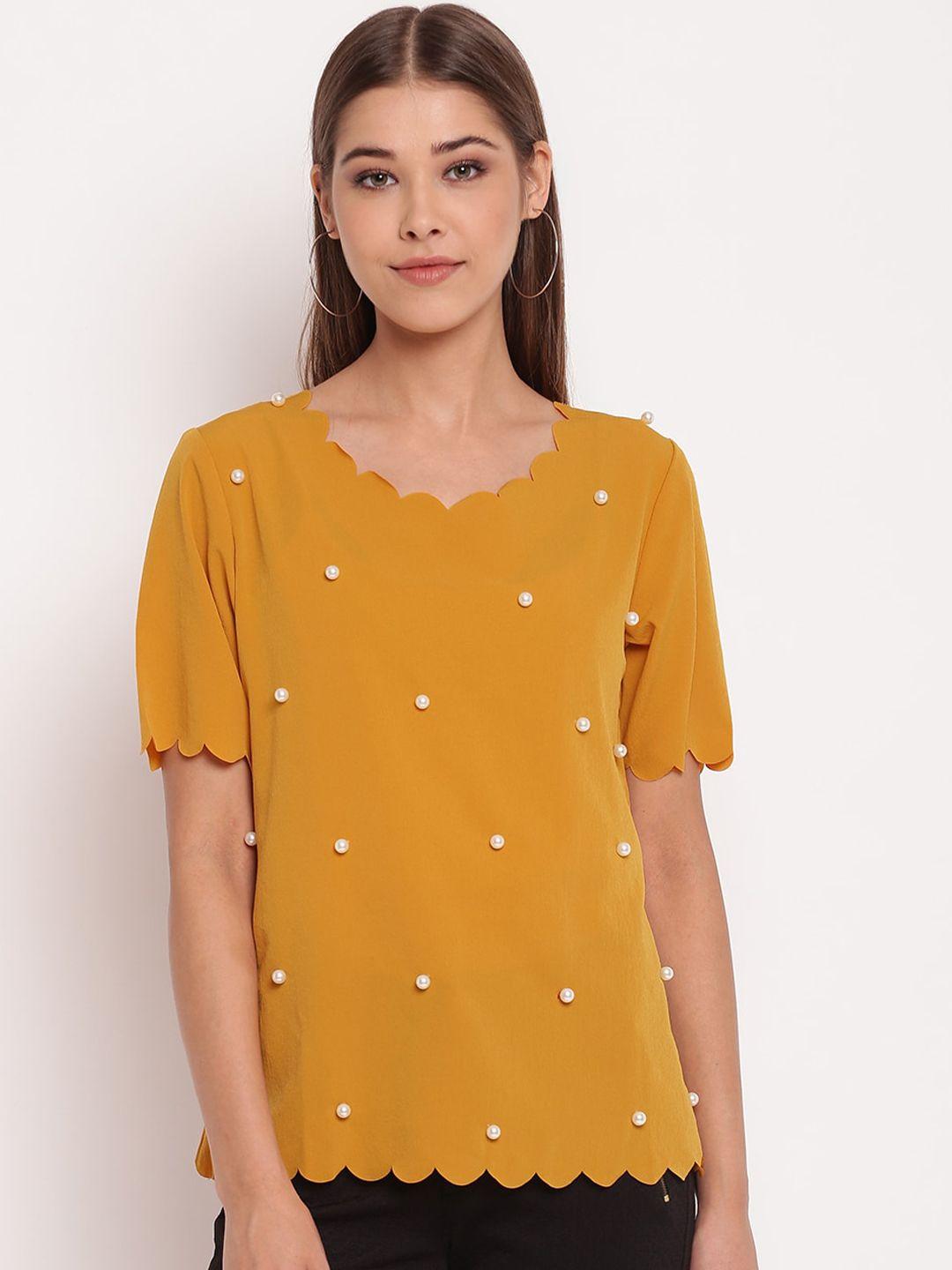 akimia mustard yellow pearl embellished crepe regular top