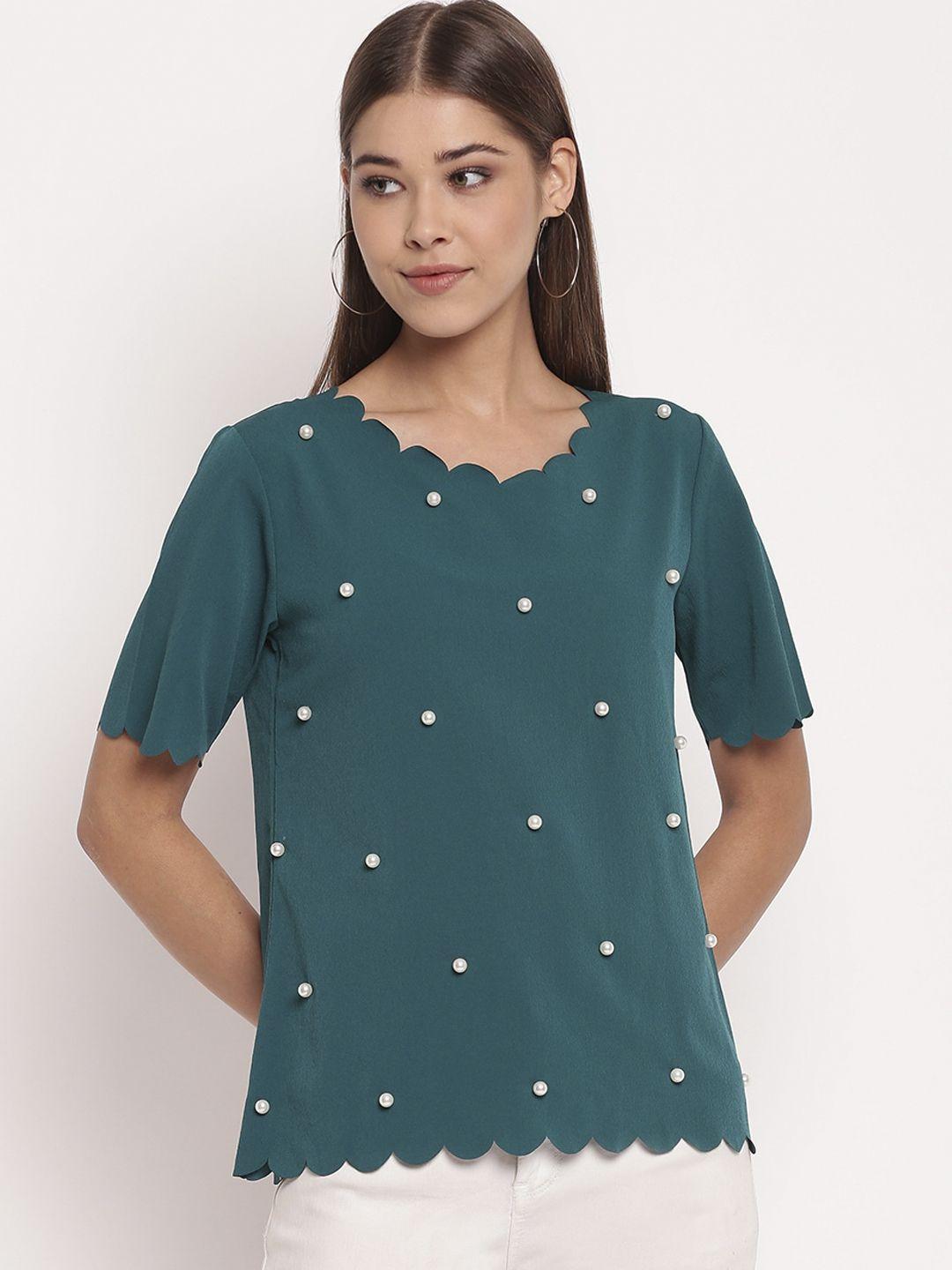 akimia teal blue embellished crepe regular top