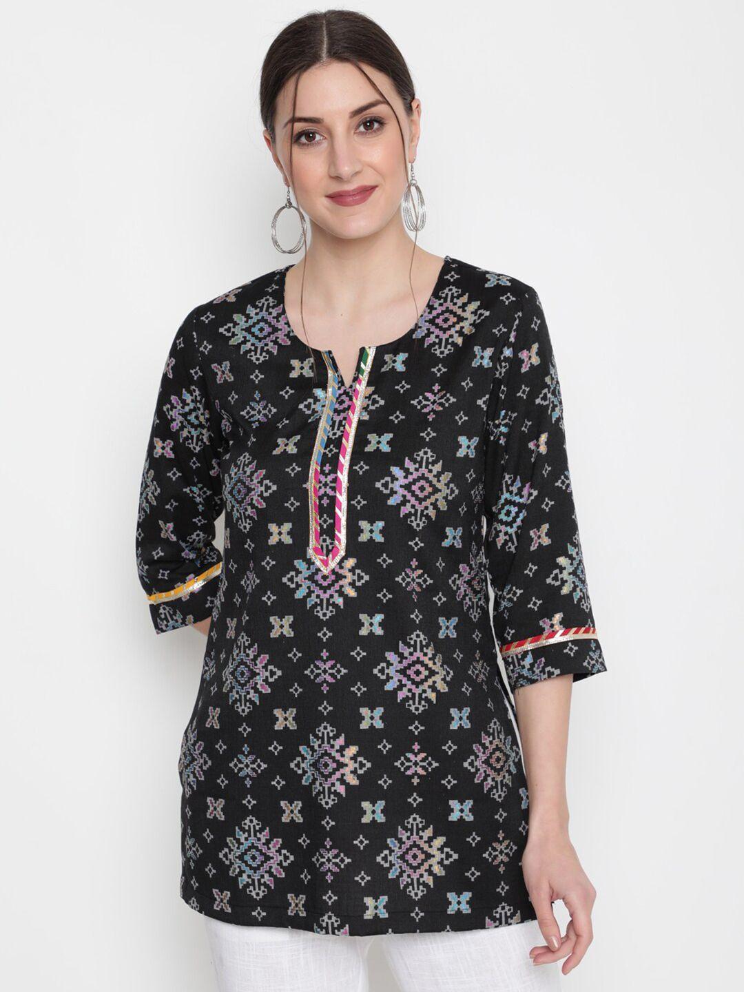 akimia women black printed pure cotton straight kurti