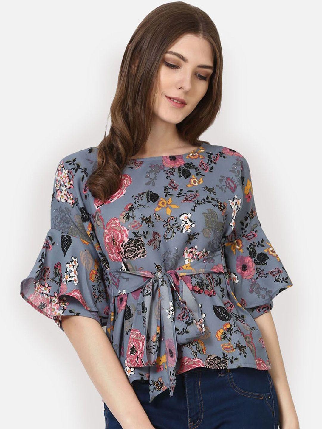 akimia women grey floral printed bell sleeves crepe cinched waist top