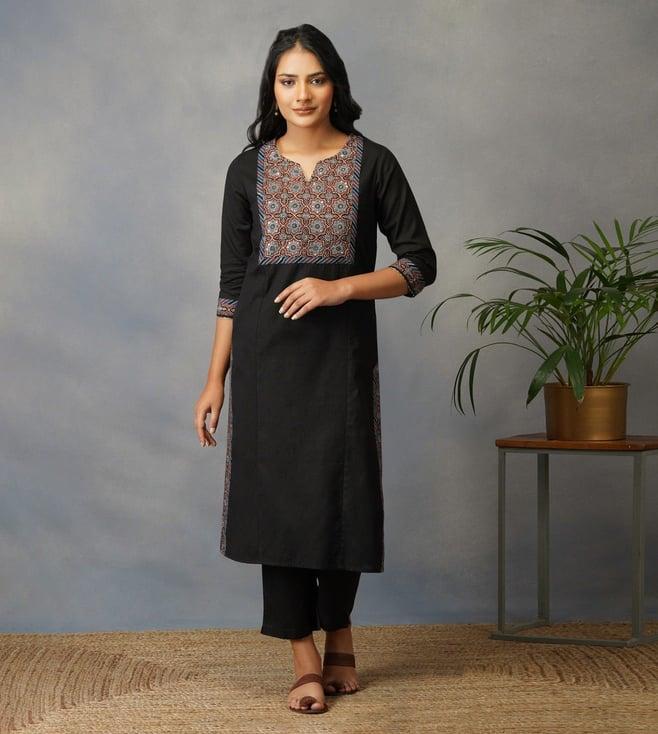 akiso bakhair black straight kurta with ajrak yoke in zari embroidery set with pants