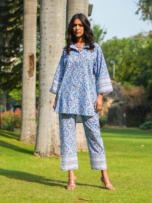 akiso blue block printed oversized co-ord set
( set of 2 )