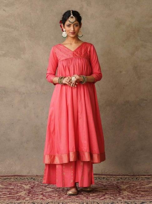 akiso coral parv block printed anarkali kurta with hand embroidery details on yoke