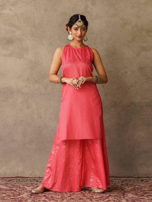 akiso coral parv sleeveless kurta with block printed sharara with chanderi dupatta