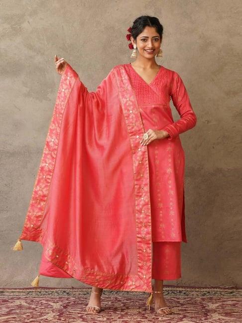 akiso coral parv straight fit kurta with straight pants and chanderi dupatta