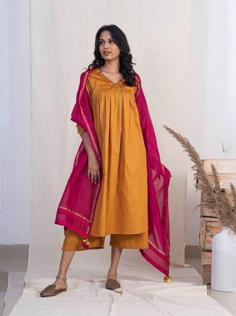 akiso jashn gold v neck full pleated kurta set with plazzo and pink dupatta