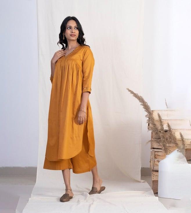 akiso jashn gold v neck full pleated kurta set with plazzo