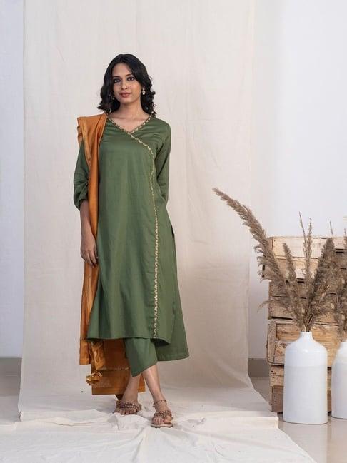 akiso jashn green angrakha embroidery kurta set with plazzo and gold dupatta