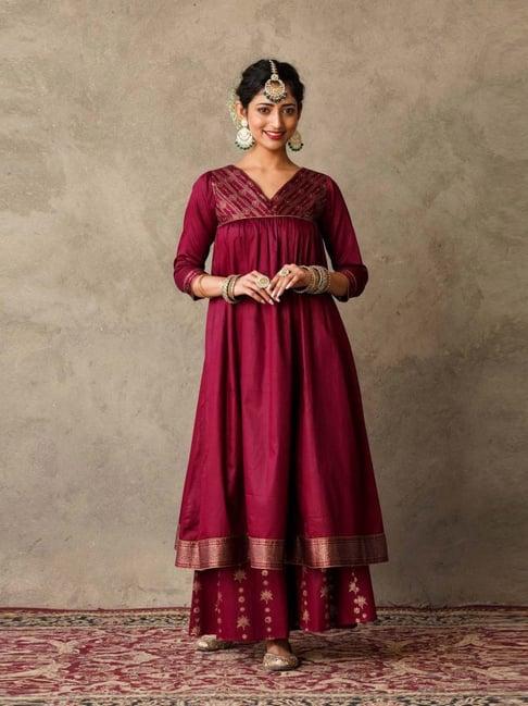 akiso plum parv block printed anarkali kurta with block printed sharara pants