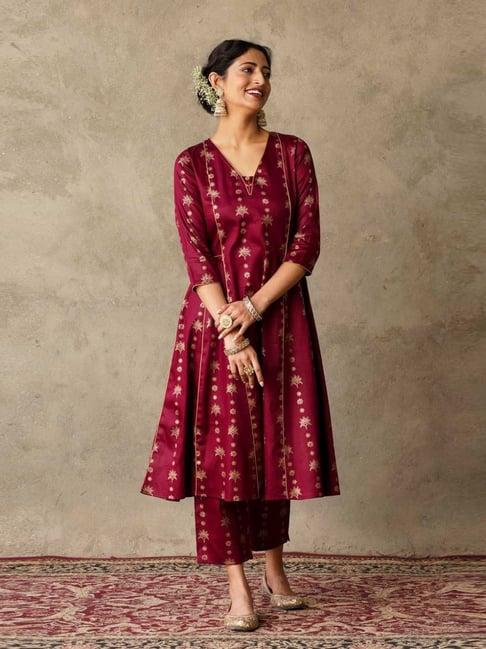 akiso plum parv block printed anarkali kurta with hand embroidery and piping details