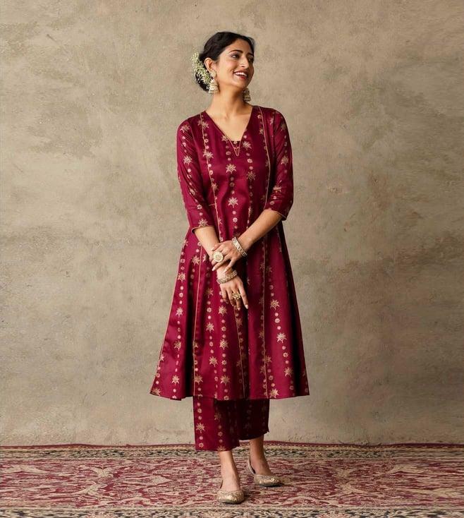 akiso plum parv block printed anarkali kurta with hand embroidery and piping details