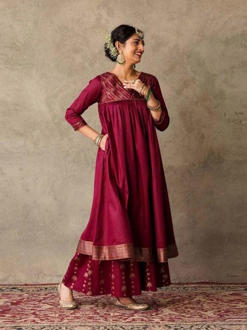 akiso plum parv block printed anarkali kurta with hand embroidery details on yoke