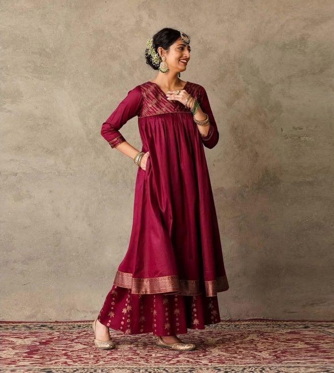 akiso plum parv block printed anarkali kurta with hand embroidery details on yoke