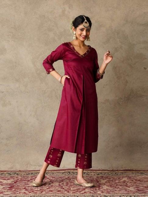 akiso plum parv front pleat solid kurta with printed pants