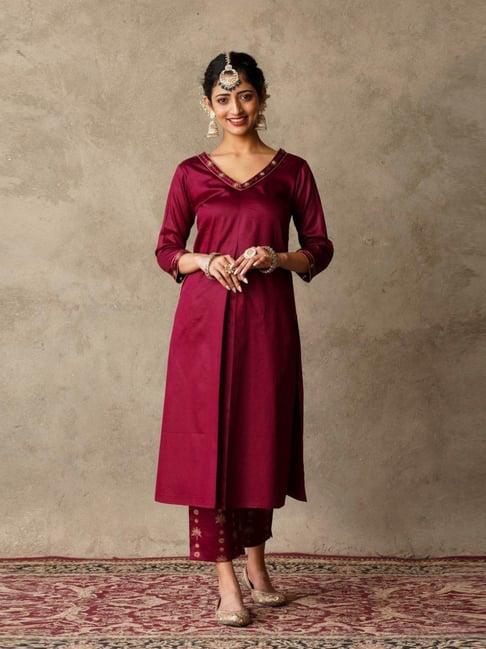 akiso plum parv front pleat solid kurta