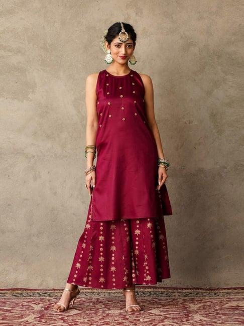 akiso plum parv sleeveless kurta with block printed sharara