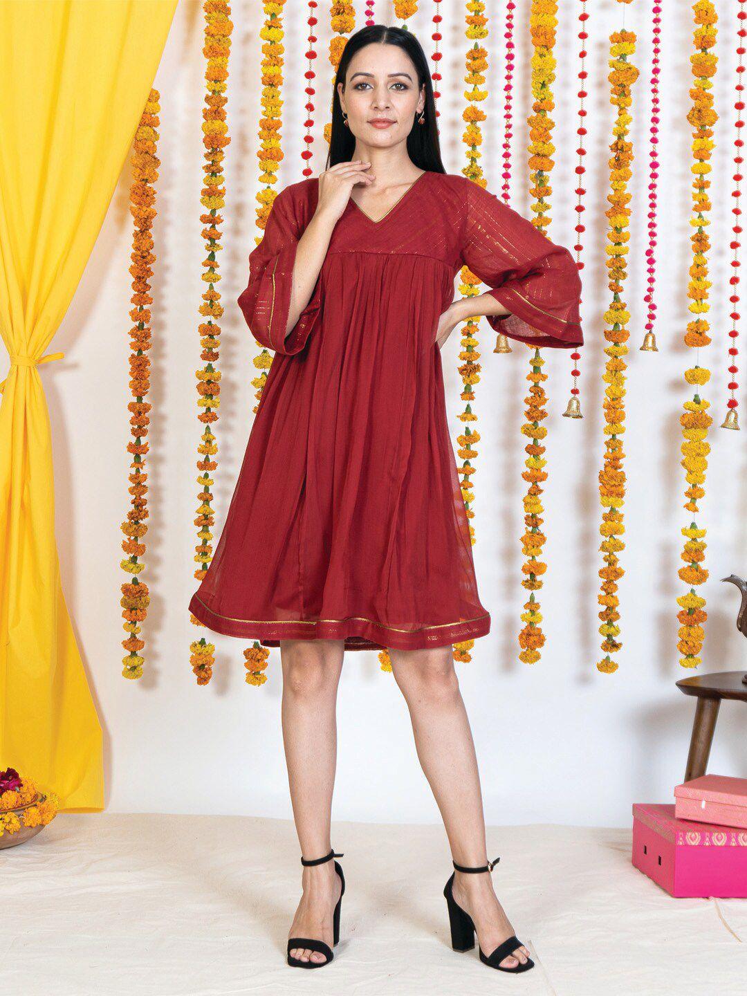 akiso red & deep claret tie-up neck a-line dress