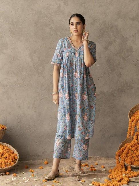 akiso reet blue a line with hand embroidery details kurta paired with blue straight pants set