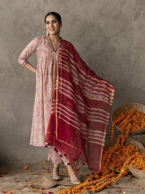 akiso reet peach block printed embroidered detail a line suit set with dupatta