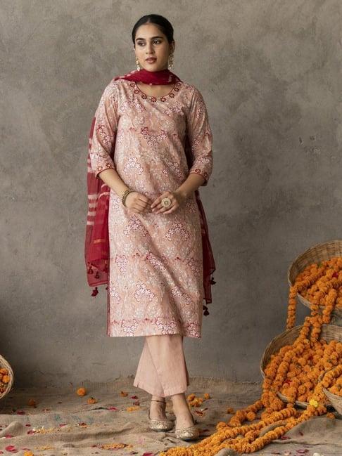 akiso reet peach block printed round neck embroidery detailed suit set with dupatta