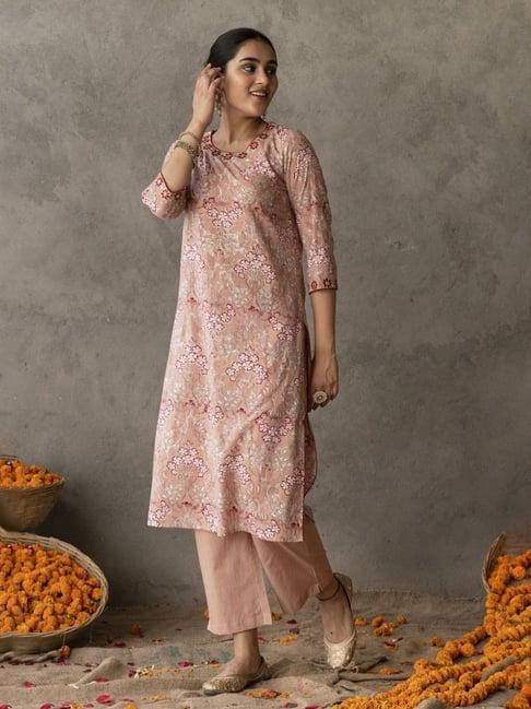 akiso reet peach block round neck embroidery detailed straight fit kurta with straight pants set