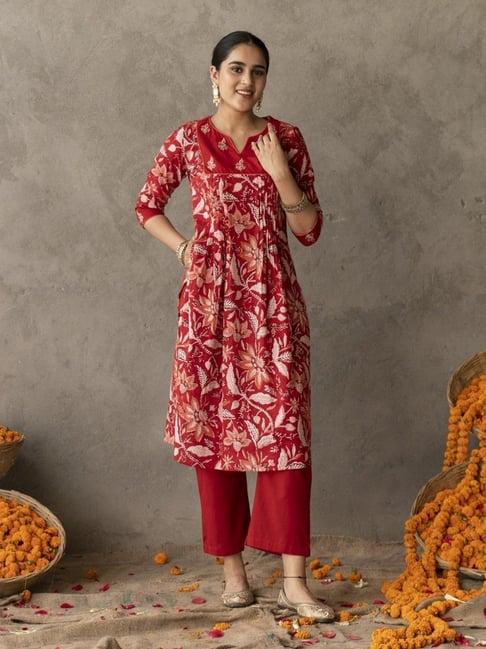 akiso reet red block printed gathered detail kurta with v neck