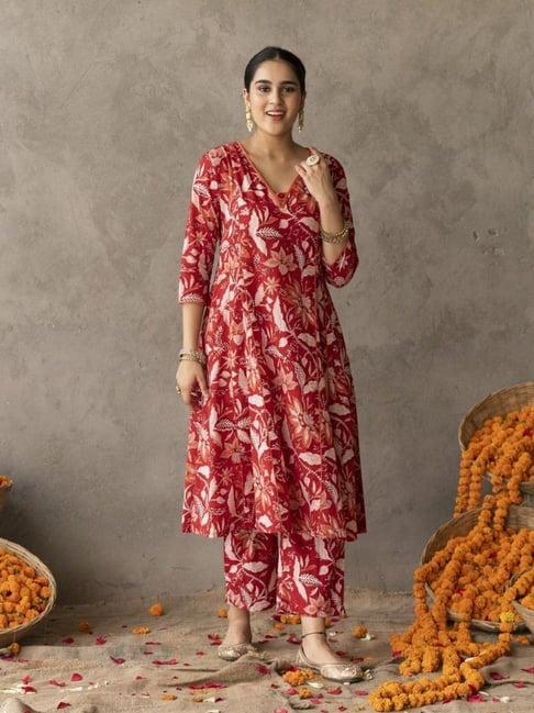 akiso reet red block printed panelled with contrast piping detail anarkali suit set with dupatta