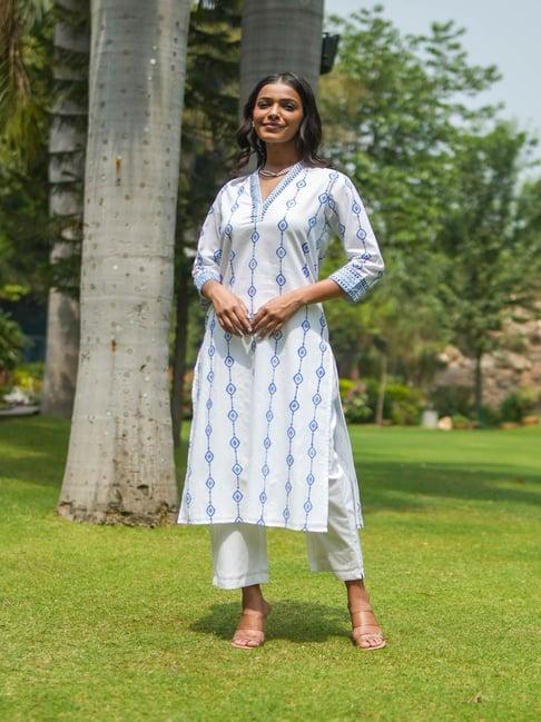 akiso white hand block printed straight kurta with v neck