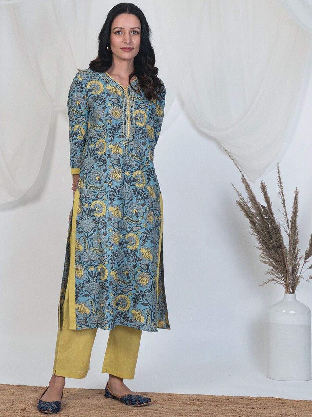 akiso women blue printed pure cotton kurta with trousers & with dupatta