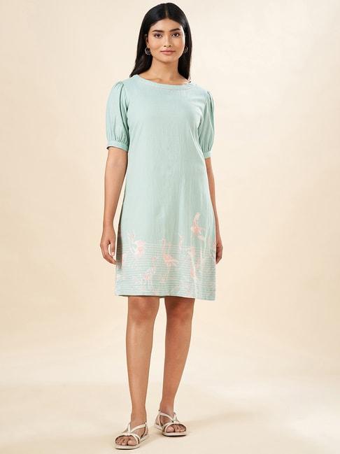 akkriti by pantaloons aqua blue cotton printed a-line dress