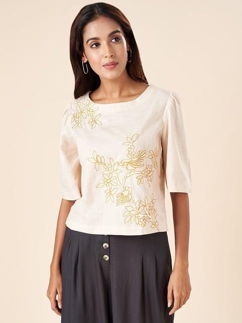 akkriti by pantaloons beige cotton embroidered top